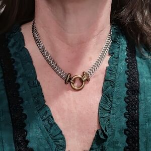 Woven 925 Silver Chain Necklace With Gold O-ring Pendant, 17 Inches